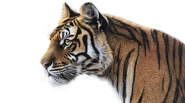 Closeup profile of a majestic tiger showing detailed fur and striking eyes