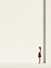 Woman standing in an empty room with a white wall on the right side. she is wearing a black skirt and a white top, and her hair is tied back in a ponytail.