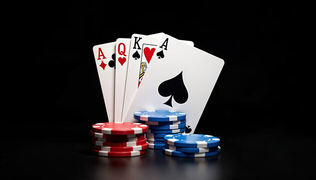 Poker Hand Four Aces with Chips on Black Table