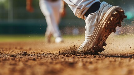 Close-up of a player's foot wearing a white cleat kicking up dirt on a baseball field during an active game, capturing motion and dynamic energy