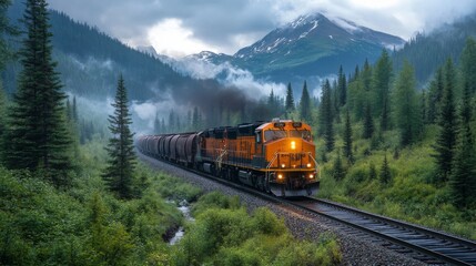 A freight train moves along a winding track through a mountainous landscape, surrounded by dense forests and misty conditions. The locomotive emits smoke as it transports cargo.