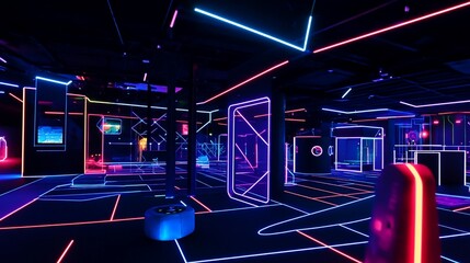 A futuristic laser tag arena with vibrant neon lights illuminating the dark space