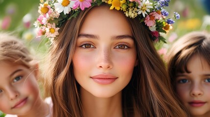 Fototapeta premium A woman with a flower headdress is standing in front of two young girls