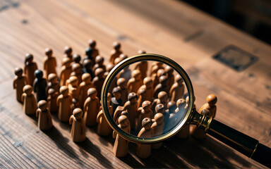 Wooden figures grouped on wood. Magnifying glass focuses on crowd, suggesting search, analysis, or targeting.