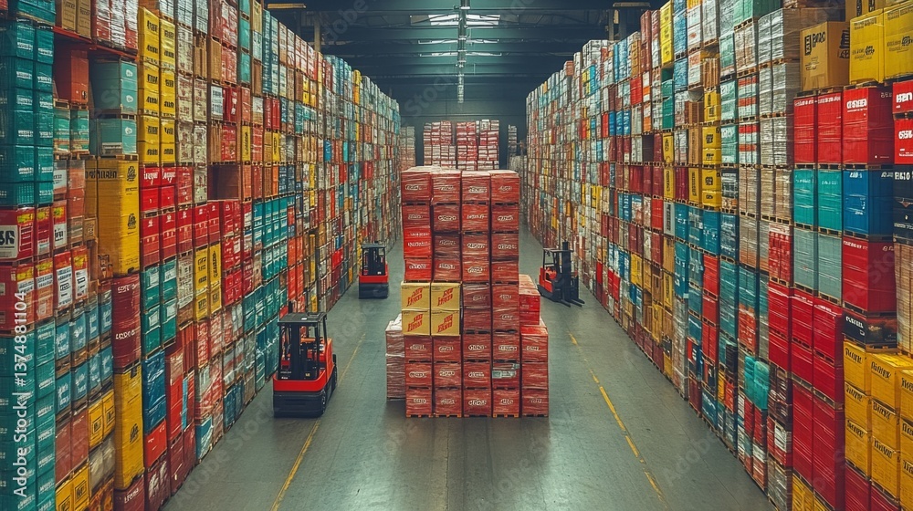 Aufkleber Forklifts move through a spacious warehouse filled with neatly stacked containers and boxes, showcasing a busy logistics operation focused on efficient inventory management.