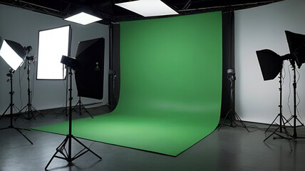 Photo Studio with Green Screen and Lighting Equipment