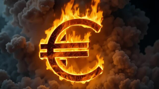 Fiery Euro Symbol Cracking Under Heat and Pressure, Depicting Economic Crisis, Hyperinflation, and Market Volatility