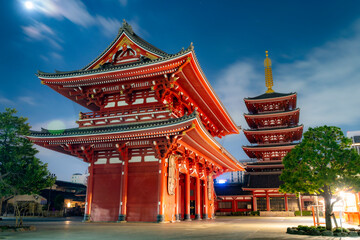 Night view of the main gate and five-story pagoda of Senso-ji Temple in Asakusa, Tokyo, Japan,...