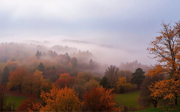 A misty autumn landscape showcases vibrant trees with orange, red, and yellow foliage. Fog hangs low over the forest creating a tranquil and atmospheric scene in nature.