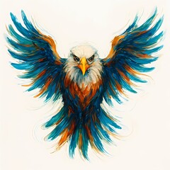 Fototapeta premium A powerful digital illustration of an eagle with vivid, dynamic feathers in shades of blue, orange, and red, conveying strength and freedom.