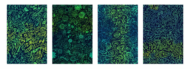 Bright Green Doodles on a Charcoal to Electric Blue Gradient Background Vector Pattern Set Illustration
