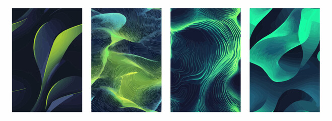 Fluorescent Green Curves On A Gradient From Charcoal Gray To Deep Background Vector Pattern Set Illustration