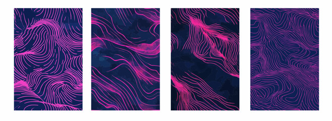 Hot Pink Wavy Lines on a Midnight Blue Background Vector Pattern Set Illustration