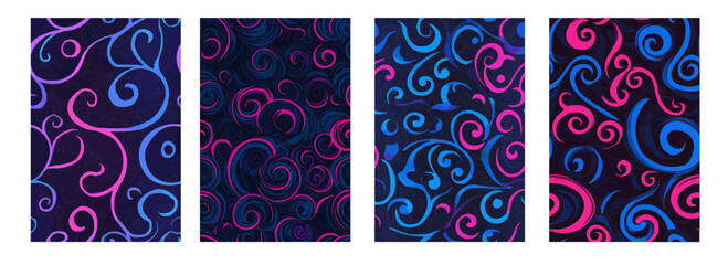 Neon Blue Abstract Swirls on a Magenta to Black Background Vector Pattern Set Illustration