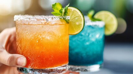 Refreshing summer cocktails garnished with lime and mint in hand Perfect for a hot day by the pool or beach Enjoy these vibrant tropical drinks
