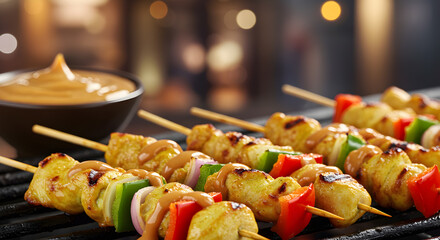 Delicious chicken satay skewers drizzled with peanut sauce ready to serve