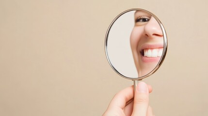 A Close-up of a Smiling Woman Reflected in a Handheld Mirror, Captivating Beauty and Self-Confidence