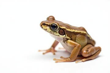 Small brown frog isolated on pure white backdrop , background, studio shot, closeup