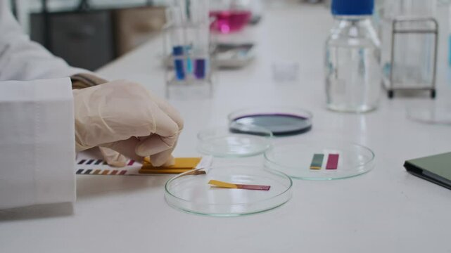 Medium close up of unrecognizable hands in protective gloves dunking litmus test into deep purple liquid