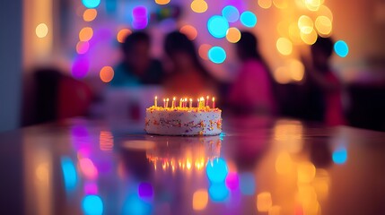 A birthday cake with lit candles surrounded by colorful bokeh lights and blurred figures celebrating in a joyful atmosphere