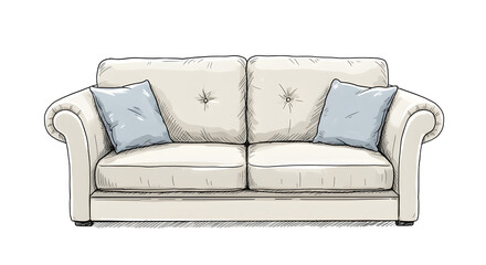 Drawing of Cream-Colored Sofa with Light Blue Pillows on White Background