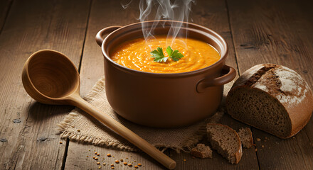 Rustic still life featuring steaming pot of soup, wooden ladle, and crusty bread