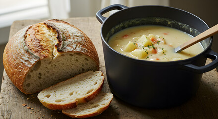 Hearty potato soup in black pot served with crusty sourdough bread