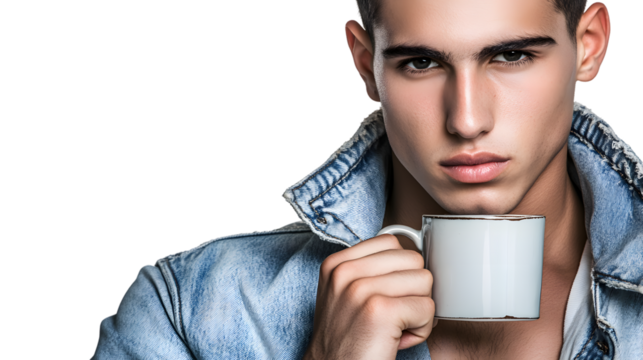 Man holding a mug fashion denim jacket studio shot closeup