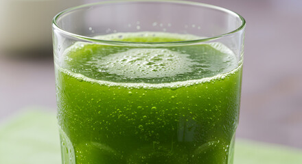 Refreshing glass of cold-pressed green juice containing apple and celery elements