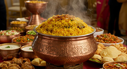 Exquisite biryani feast served in ornate copper pots at celebratory event