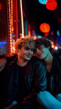 young men gay couple LGBT share love together with one resting their head on their boyfriend's shoulder in the street at night with red and green neon lights