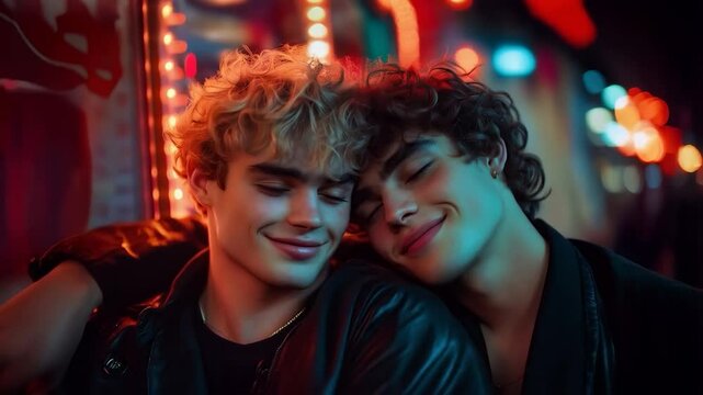 young men gay couple LGBT share love together with one resting their head on their boyfriend's shoulder in the street at night with red and green neon lights