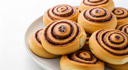 Fototapeta premium Delightful cinnamon rolls with chocolate swirls enticingly arranged on white backdrop