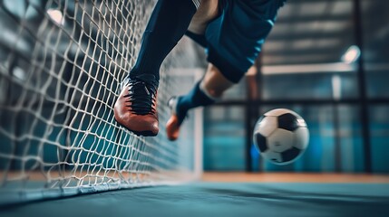 A dynamic close-up of a soccer player's foot striking a ball as it approaches the net in an indoor arena, emphasizing movement and energy