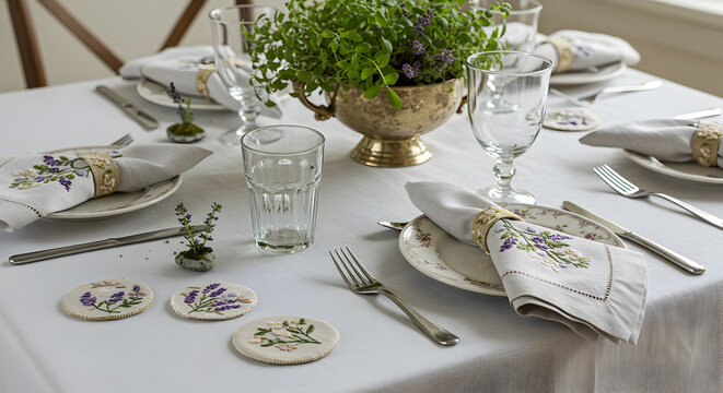 Elegant tablescape showcasing embroidered linens and floral accents for dining experience