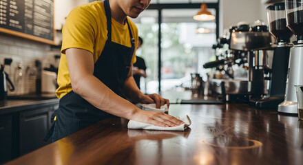 Professional barista maintains hygiene by wiping down a shiny wooden counter