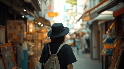Fototapeta premium Woman in a black hat walks through a narrow market street with blurred background