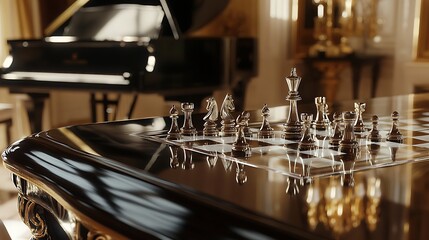 Elegant chess set on a polished table reflecting light, with a grand piano in the background, creating an atmosphere of sophistication and strategy