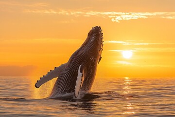 Fototapeta premium A humpback whale leaps from the calm water against a vibrant sunset, showcasing its majestic form and splashing droplets Generative AI