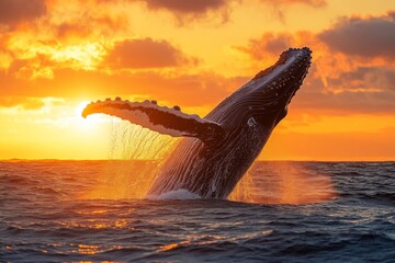Obraz premium A humpback whale leaps from the ocean, creating a splash against the vibrant sunset sky, illustrating nature's beauty and power Generative AI