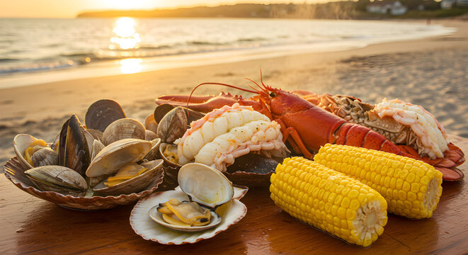 Beachside clam bake with lobster, corn on the cob, and melted butter in seashells