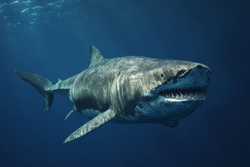 Fototapeta premium A massive shark glides effortlessly through the deep blue ocean, showcasing its impressive size and powerful presence in sunlight Generative AI