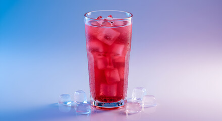 Refreshing cold sorrel drink in glass with ice cubes against soft blue background