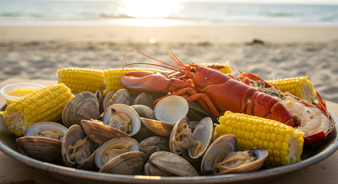 Delicious beachside clam bake featuring lobster, corn on the cob, and clams