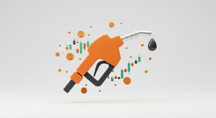 An orange gas pump dispensing oil amidst a flurry of coins and fluctuating market graphs, symbolizing the dynamic energy market and its price volatility against a clean, minimalist background.