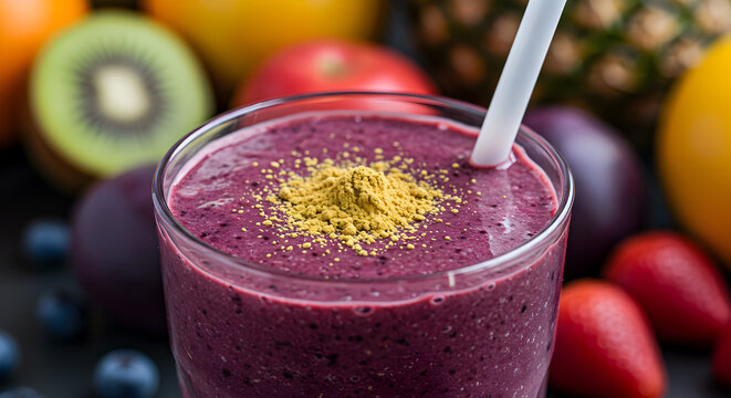 Energizing berry smoothie with acai and maca powder for healthy lifestyle