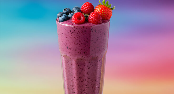 Vibrant berry smoothie with fresh acai and maca powder explosion on a colorful background