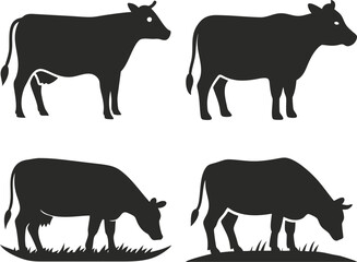 Vector farm animal silhouettes depict black outlines of cow