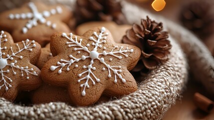 Festive gingerbread cookies in a burlap bowl