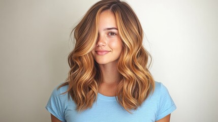 Obraz premium Young Woman with Wavy Hair Smiling Brightly Against Soft Background
